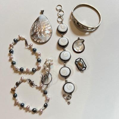 Sterling Silver Pearl, Abalone, Cloisonne Jewelry Lot