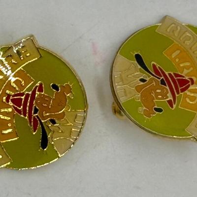 (2) Vintage 1985 30th Anniversary Disneyland Adventureland Cloisonné Pins Goofy Fireman