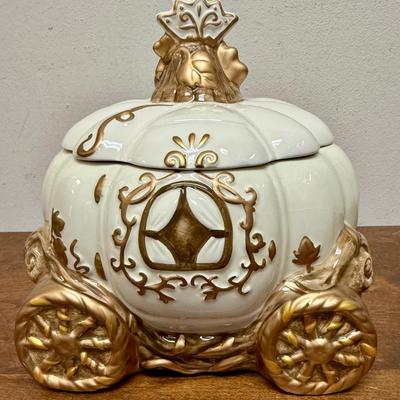 David’s Ceramic Cinderella Cooke Jar Carriage Gold & Ivory