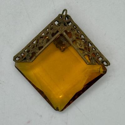Vintage Filigree Faceted Amber Glass Pendant