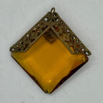 Vintage Filigree Faceted Amber Glass Pendant