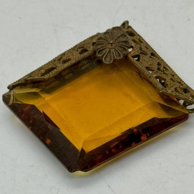 Vintage Filigree Faceted Amber Glass Pendant
