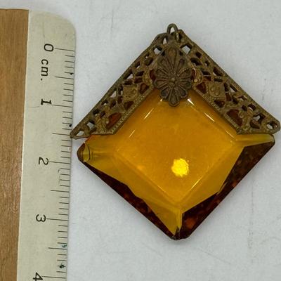 Vintage Filigree Faceted Amber Glass Pendant