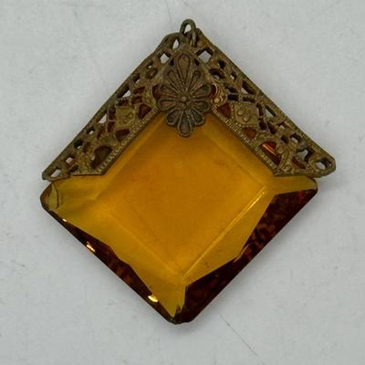Vintage Filigree Faceted Amber Glass Pendant