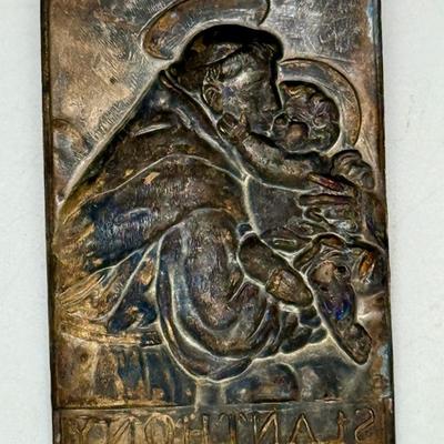VIntage Catholic St. Anthony Pressed Metal Plaque Silver-plate