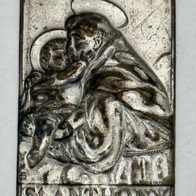 VIntage Catholic St. Anthony Pressed Metal Plaque Silver-plate