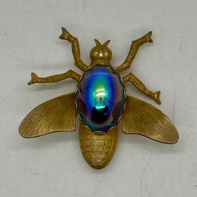 Vintage Fly Insect Brooch, Iridescent Blue Glass Body, 1.5 Inch Gold Tone Metal Collectible Brooch