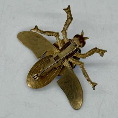 Vintage Fly Insect Brooch, Iridescent Blue Glass Body, 1.5 Inch Gold Tone Metal Collectible Brooch