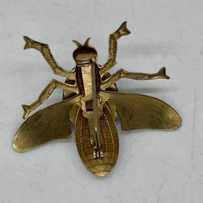Vintage Fly Insect Brooch, Iridescent Blue Glass Body, 1.5 Inch Gold Tone Metal Collectible Brooch
