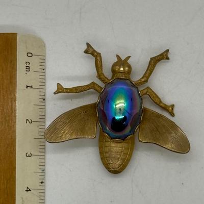 Vintage Fly Insect Brooch, Iridescent Blue Glass Body, 1.5 Inch Gold Tone Metal Collectible Brooch