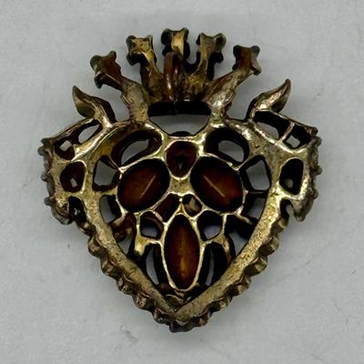 Vintage Art Deco Heart Pendant Purple & Clear Rhinestone w/ gold tone setting