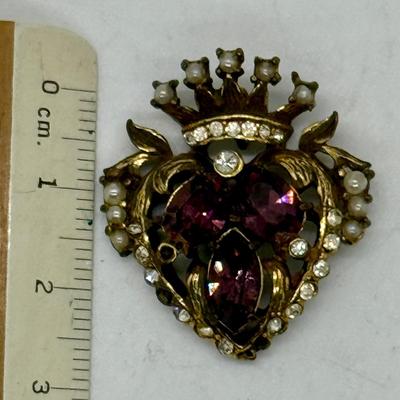 Vintage Art Deco Heart Pendant Purple & Clear Rhinestone w/ gold tone setting