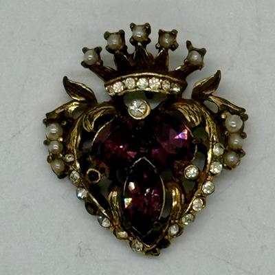 Vintage Art Deco Heart Pendant Purple & Clear Rhinestone w/ gold tone setting