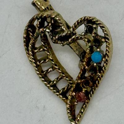 Vintage Gold Tone Faux Turquoise Ladder Heart Brooch Pin