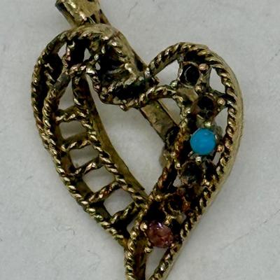 Vintage Gold Tone Faux Turquoise Ladder Heart Brooch Pin