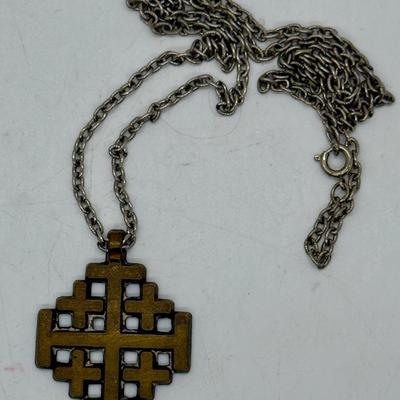 Vintage Brass Jerusalem Cross Pendant Necklace