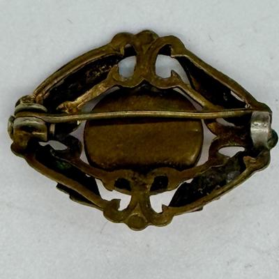 Antique Art Deco Opaque Faceted red glass Brass Brooch Pin