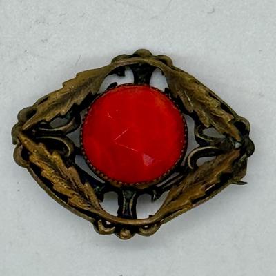 Antique Art Deco Opaque Faceted red glass Brass Brooch Pin
