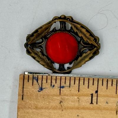 Antique Art Deco Opaque Faceted red glass Brass Brooch Pin