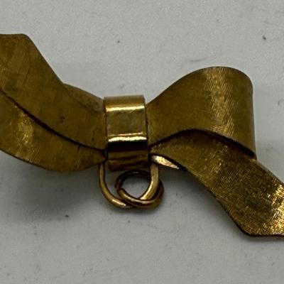 Vintage Ribbon Bow Brooch Pin Gold Tone 1.5” add Charm to Pin or use as Penant