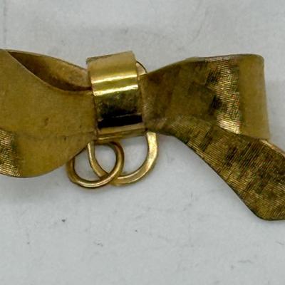 Vintage Ribbon Bow Brooch Pin Gold Tone 1.5” add Charm to Pin or use as Penant