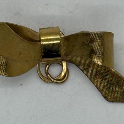 Vintage Ribbon Bow Brooch Pin Gold Tone 1.5” add Charm to Pin or use as Penant