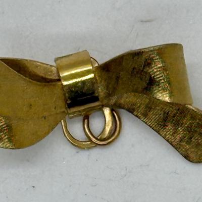 Vintage Ribbon Bow Brooch Pin Gold Tone 1.5” add Charm to Pin or use as Penant