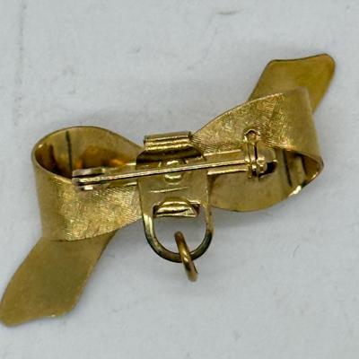 Vintage Ribbon Bow Brooch Pin Gold Tone 1.5” add Charm to Pin or use as Penant