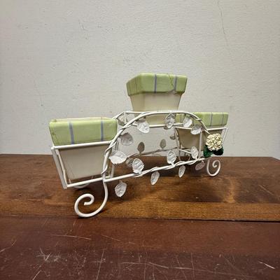 Metal scroll work flower pot holder with 3 small flower pots