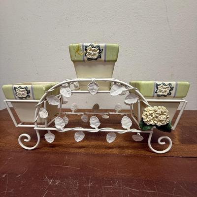 Metal scroll work flower pot holder with 3 small flower pots