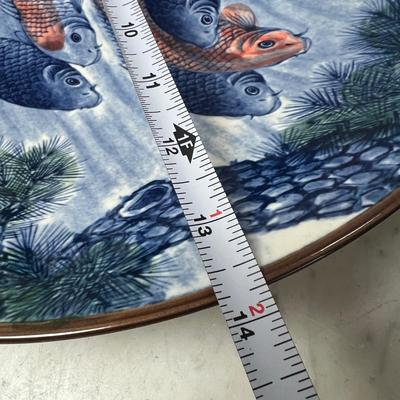 2 Large Japanese Fighting Fish Charger / Service Plate & Bowl