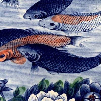2 Large Japanese Fighting Fish Charger / Service Plate & Bowl