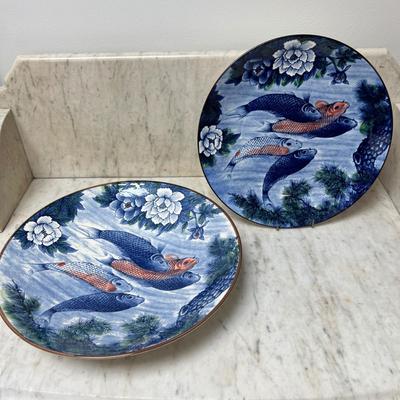 2 Large Japanese Fighting Fish Charger / Service Plate & Bowl