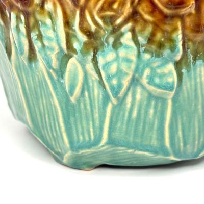 Vintage McCoy Brown and Aqua Floral Flower Pot