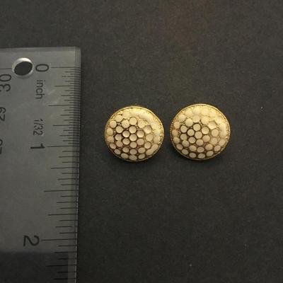 Vintage, gold, toned cream, enameled, polkadot, circular stud earrings