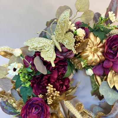 Fall Wreath with Pumpkins and Butterflies in Warm Tones
