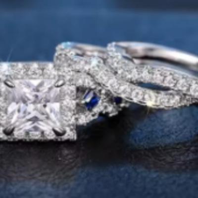 3 Pc Bridal Moissanite & Sapphire Set 925