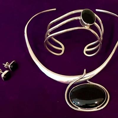 Sterling Silver & Onyx Necklace, Bracelet & Pierced Earrings