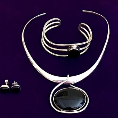 Sterling Silver & Onyx Necklace, Bracelet & Pierced Earrings