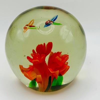 LOT 3: Collection of Three (3) Vintage Art Glass Paperweights Featuring a Dragonfly Floral Design and Confetti Style Designs