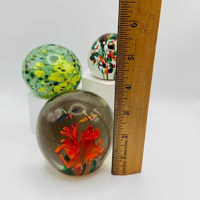 LOT 3: Collection of Three (3) Vintage Art Glass Paperweights Featuring a Dragonfly Floral Design and Confetti Style Designs