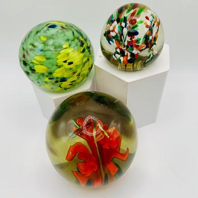 LOT 3: Collection of Three (3) Vintage Art Glass Paperweights Featuring a Dragonfly Floral Design and Confetti Style Designs