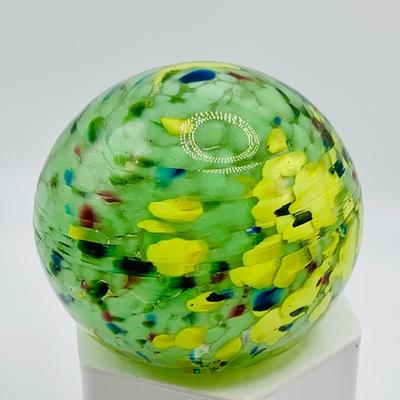 LOT 3: Collection of Three (3) Vintage Art Glass Paperweights Featuring a Dragonfly Floral Design and Confetti Style Designs