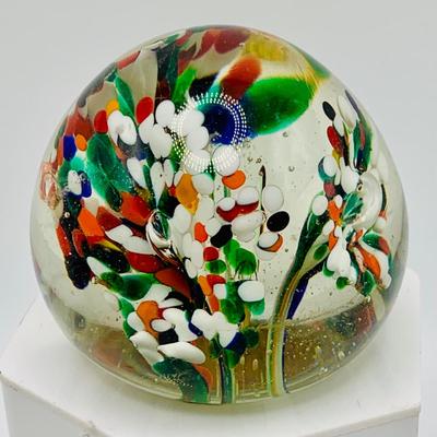 LOT 3: Collection of Three (3) Vintage Art Glass Paperweights Featuring a Dragonfly Floral Design and Confetti Style Designs