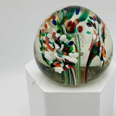 LOT 3: Collection of Three (3) Vintage Art Glass Paperweights Featuring a Dragonfly Floral Design and Confetti Style Designs