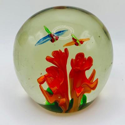 LOT 3: Collection of Three (3) Vintage Art Glass Paperweights Featuring a Dragonfly Floral Design and Confetti Style Designs