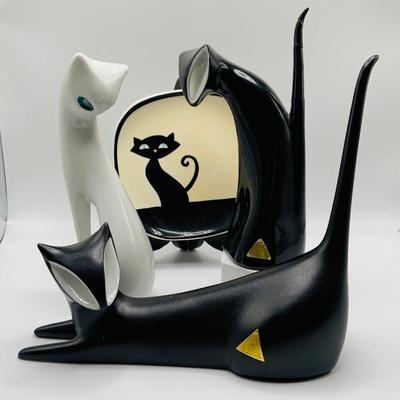 LOT 4: Set of Two (2) Royal Dux Bohemian Blacks Cats, C.mielow White Cat Figure and Black Cat Saucer