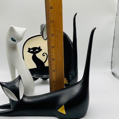LOT 4: Set of Two (2) Royal Dux Bohemian Blacks Cats, C.mielow White Cat Figure and Black Cat Saucer
