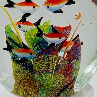 LOT 5: Art Glass Aquarium Paperweight, Maurano Style Art Glass Cat with Goldfish and a Princess House Art Glass Cat