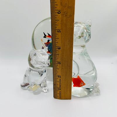LOT 5: Art Glass Aquarium Paperweight, Maurano Style Art Glass Cat with Goldfish and a Princess House Art Glass Cat